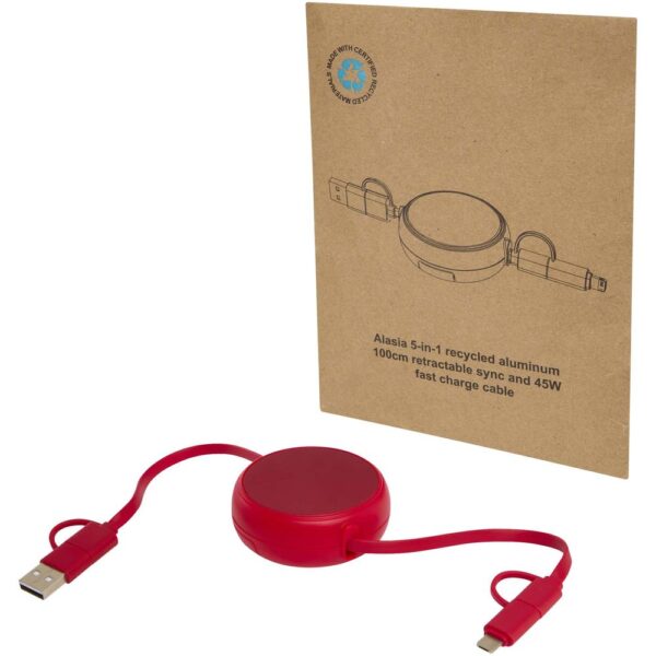 5-in-1 100 cm recycled plastic and aluminium retractable data sync and 45W fast charge cable