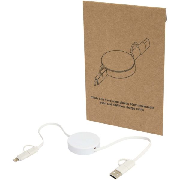 5-in-1 recycled plastic 90 cm retractable data sync and 40W fast charge cable